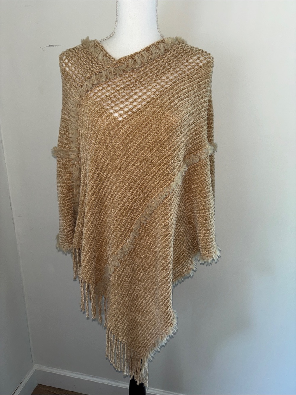 Natural Life Women's Fringe Knit Poncho Sweater - Tan, One Size